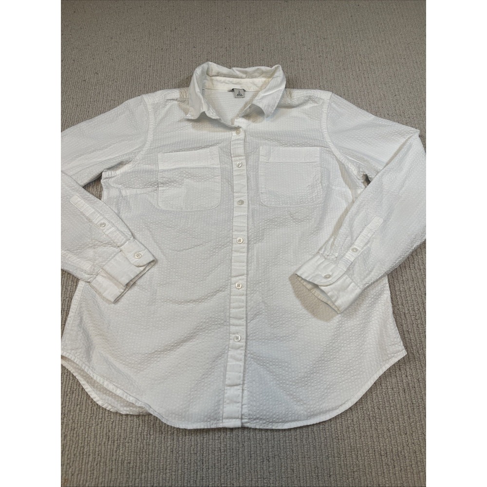 L.L. Bean Womens Small White Vacationland Seersucker Shirt Long Sleeve
